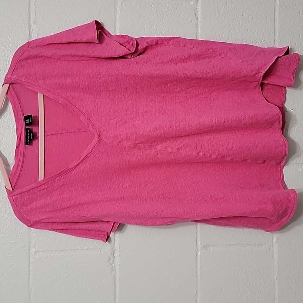Tahari Pink 100% Linen V-Neck Top Size 1X Lightweight